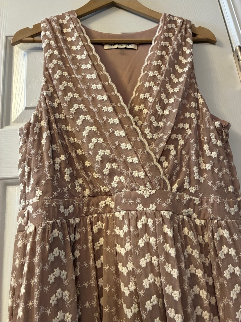 Taylor Tan Dress with Cream Floral Cotton Embroidery Flounce Hem Sleeveless. 14
